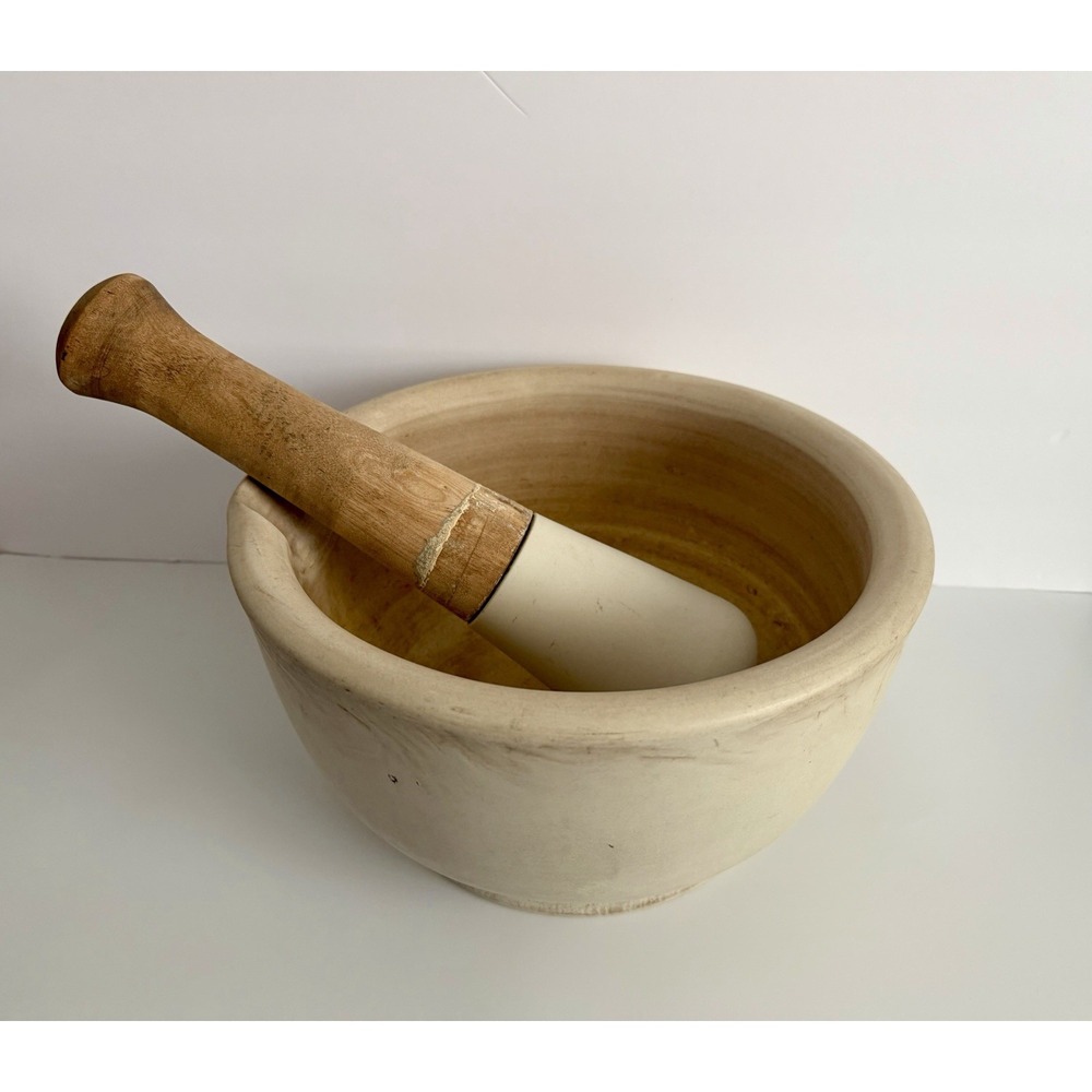 Vintage Acme No. 6 Ceramic Mortar and Pestle Wood Handle Apothecary Pharmacy 11"